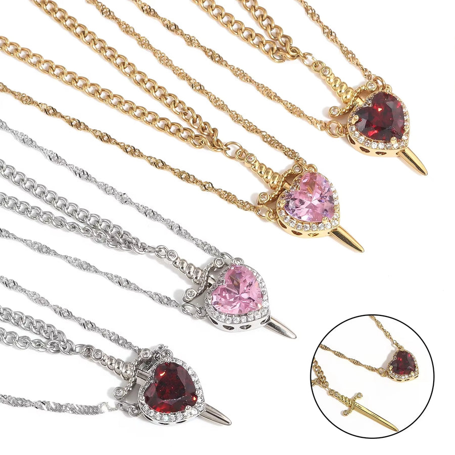 Heart & Sword Couple Necklace Set – Gold Stainless Steel