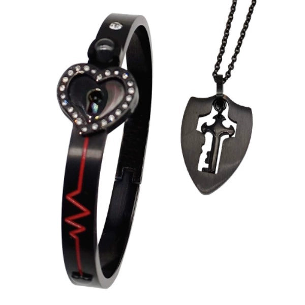 Couple Electroplated Titanium Steel Diamond Heart Lock
