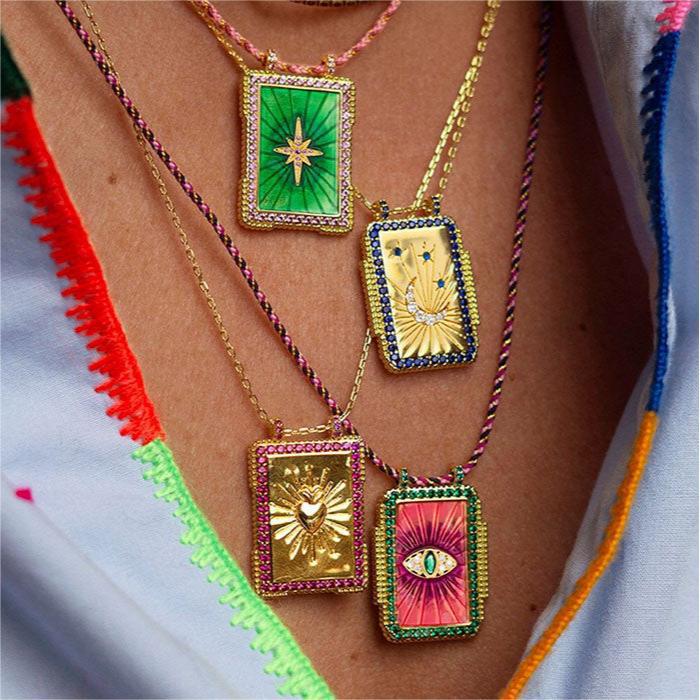 Square Plate Tarot Necklace Female Sun Moon Heart Long Necklace