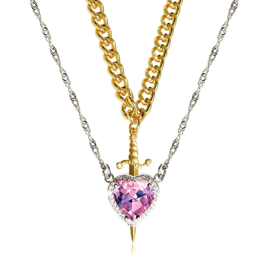 Heart & Sword Couple Necklace Set – Gold Stainless Steel