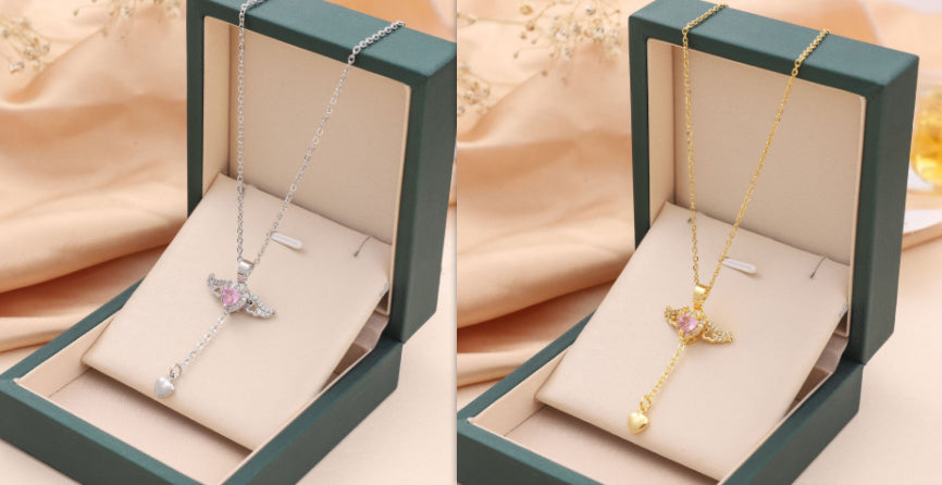 Angel Wings Heart Necklace for Women | Moving Cupid Crystal Pendant