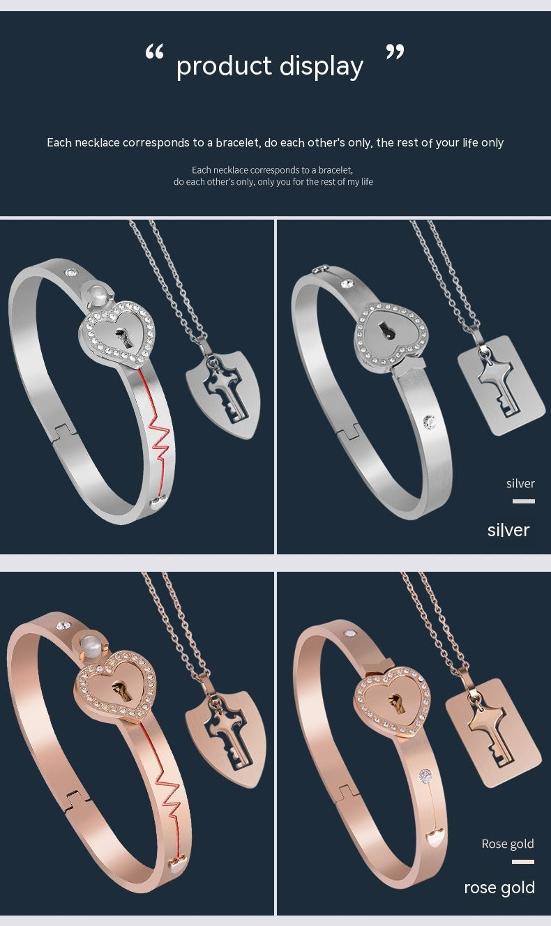 Couple Electroplated Titanium Steel Diamond Heart Lock